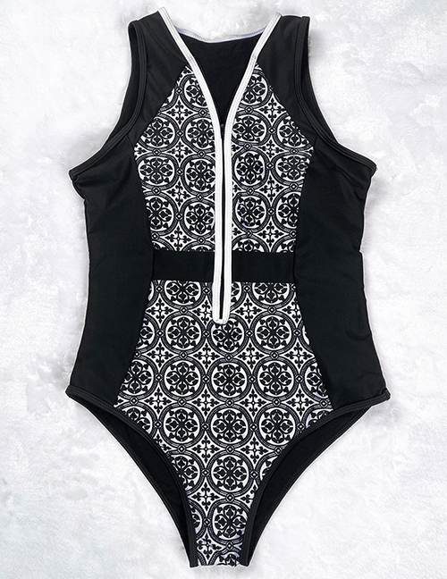 Fashion Black Polyester Print V-neck One Piece Swimsuit