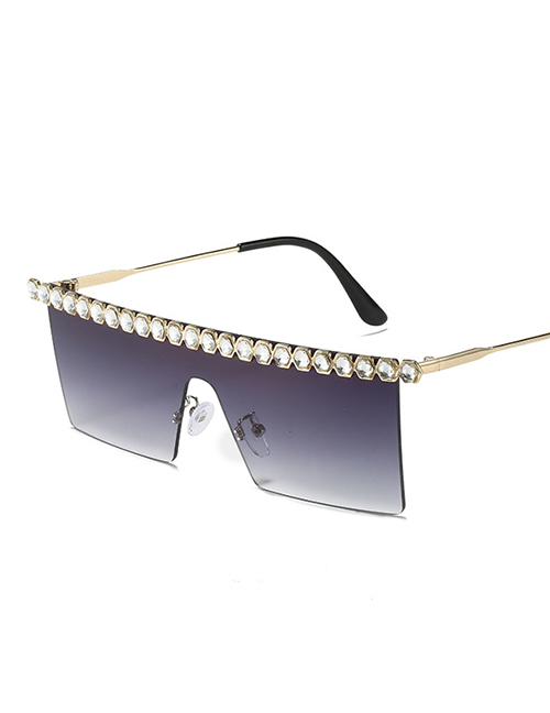 Fashion Gradient Gray Sheet Metal Diamond Square Sunglasses