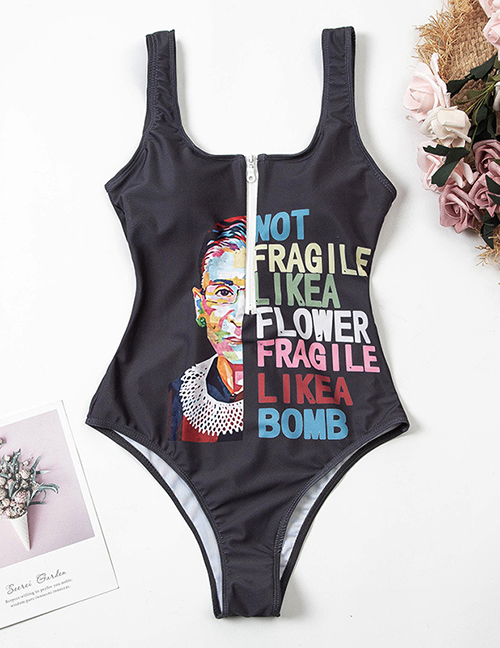 Fashion Grey Letters 1926 Polyester Print Zip-up Swimsuit
