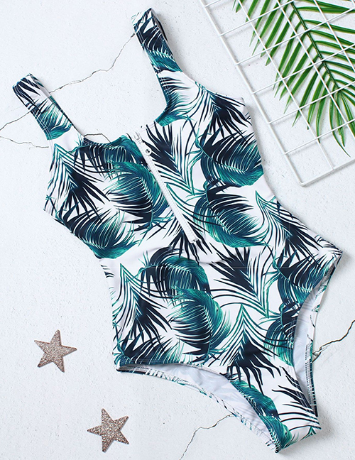 Fashion Leaves Polyester Print Zip-up Swimsuit