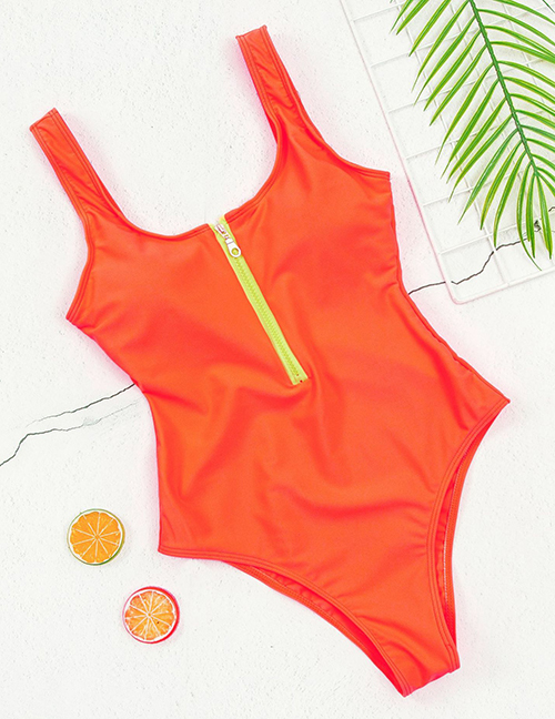 Fashion Orange Solid Zip One Piece Swimsuit