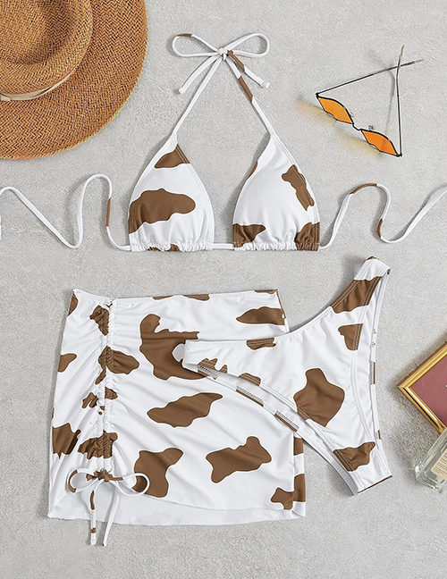 Fashion Brown Polyester Cow Print Halter Neck Lace-up Three-piece Swimsuit