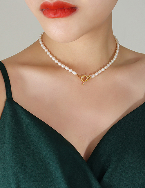 Fashion Gold Necklace-40cm Titanium Geometric Pearl Beaded Ot Buckle Necklace