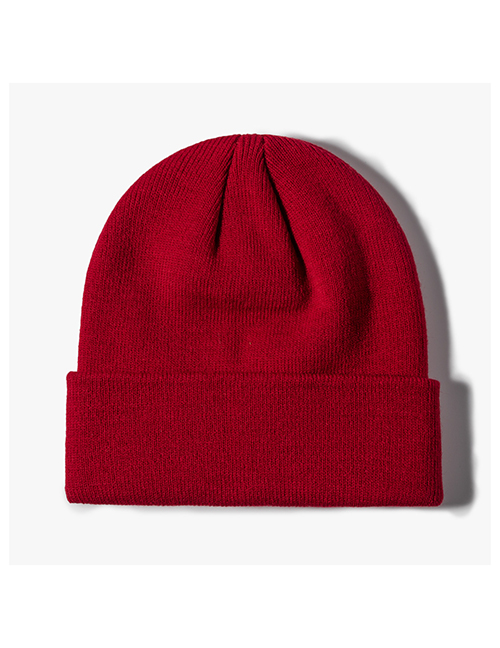 Fashion Inner Jujube Red Solid Knit Rollover Hat