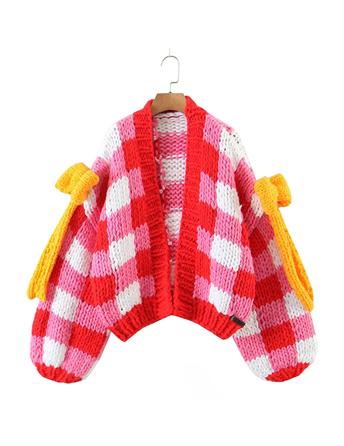 Fashion Red Polyester Cotton Check Knit Bow Cardigan