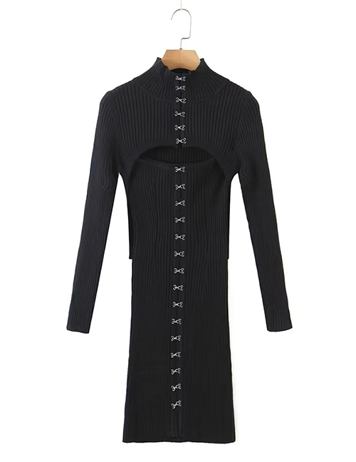 Fashion Black Blend Knit Stand Collar Cutout Two-piece Dress