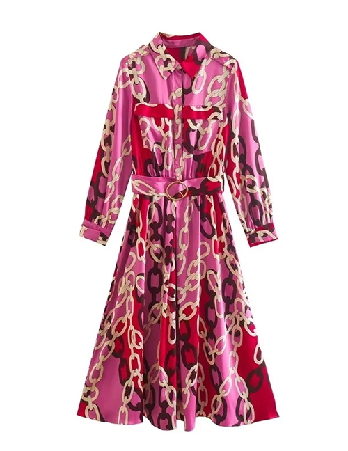 Fashion Rose Red Polyester Print Lapel Tie Dress