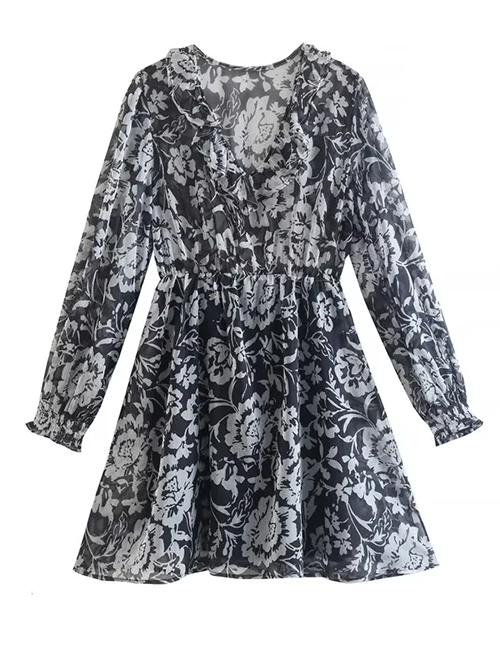 Fashion Black Polyester Print V-neck Dress