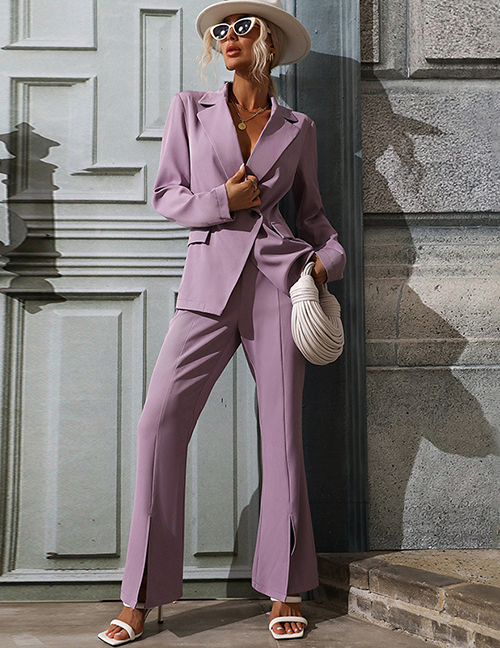 Fashion Purple Blazer Slit Pants Set With Polyester Lapel Pockets