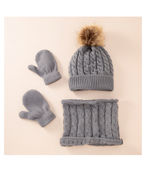 Fashion Gray Three-piece Suit Knitted Wool Ball Hooded Hat Scarf All-inclusive Gloves Set