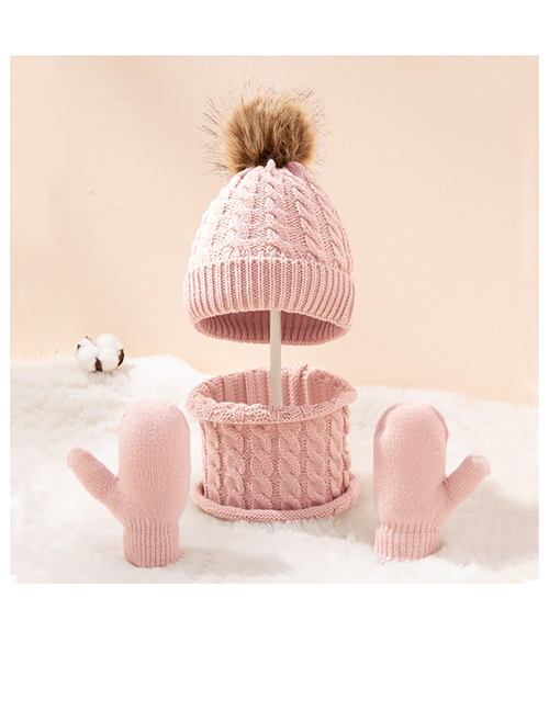 Fashion Light Pink Three-piece Set Knitted Wool Ball Hooded Hat Scarf All-inclusive Gloves Set