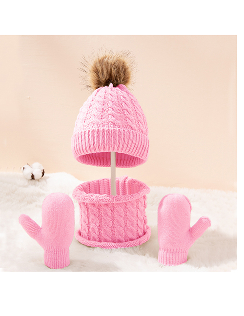 Fashion Pink Three-piece Suit Knitted Wool Ball Hooded Hat Scarf All-inclusive Gloves Set