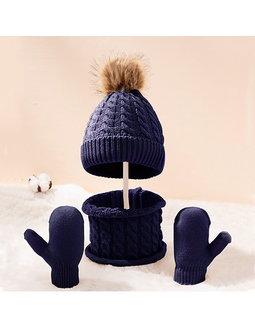 Fashion Navy Blue Three Piece Set Knitted Wool Ball Hooded Hat Scarf All-inclusive Gloves Set