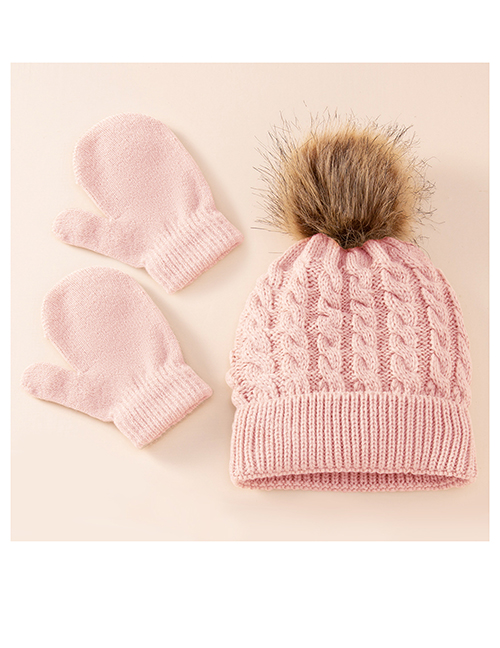 Fashion Light Pink Two-piece Set Wool Knitted Wool Ball Hood All-inclusive Glove Set