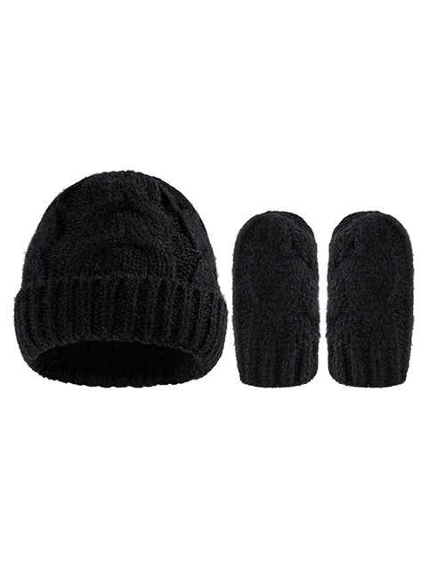 Fashion Black Wool Knitted Wool Ball Hood All-inclusive Glove Set