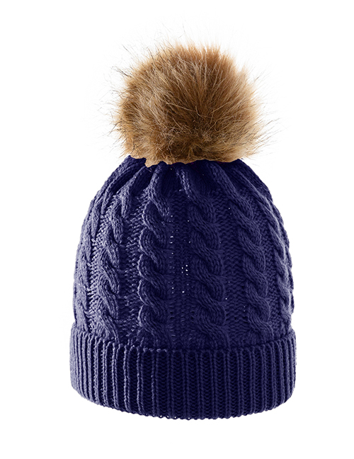 Fashion Navy Blue Wool Knitted Fur Ball Hat
