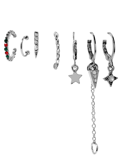 Fashion Silver Alloy Diamond Star Geometric Earring Set