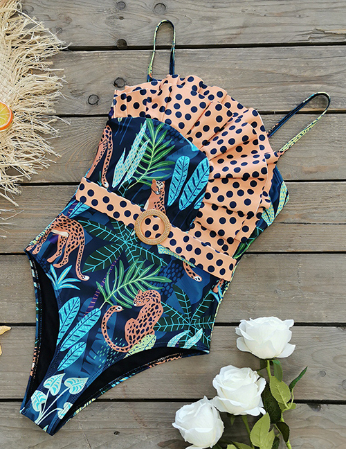 Fashion Green Leaf Leopard Polyester Print Belted One Piece Swimsuit