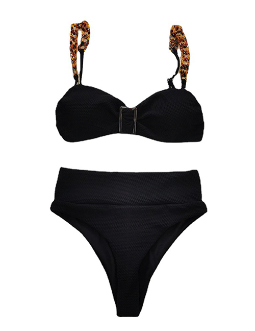 Fashion Black Pit Polyester Chain Strap High Waist Split Swimsuit