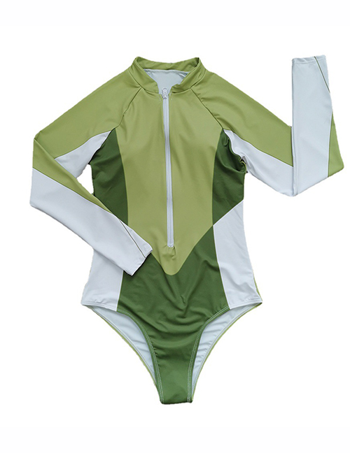 Fashion Green And White Polyester Colorblock Zip One Piece Swimsuit