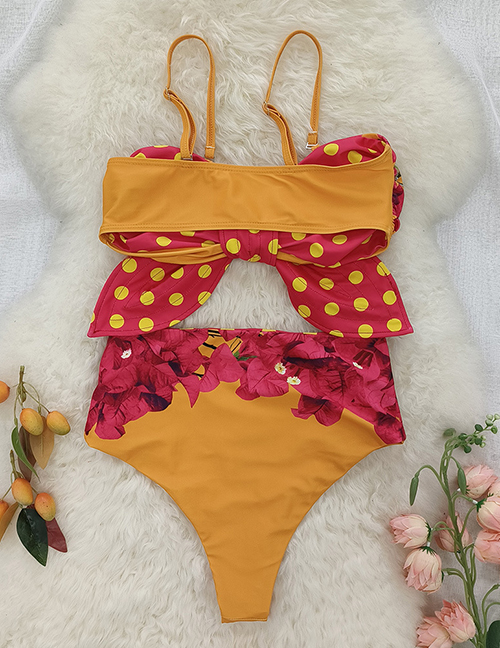 Fashion Orange Bottom Safflower Polyester Polka Dot Bow Sling Print Split Swimsuit