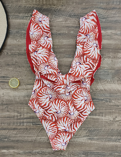 Fashion Red Thread Polyester Print Ruffle V-neck One Piece Swimsuit