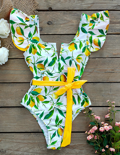 Fashion Lemon On White Polyester Print Square Neck Ruffle Tie One Piece Swimsuit