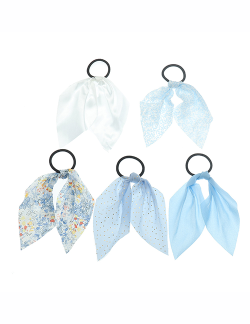Fashion Blue Fabric Floral Long Tail Bow Hair Tie Set