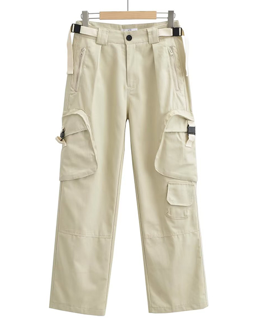Fashion Apricot Polyester Multi-pocket Cargo Straight Trousers