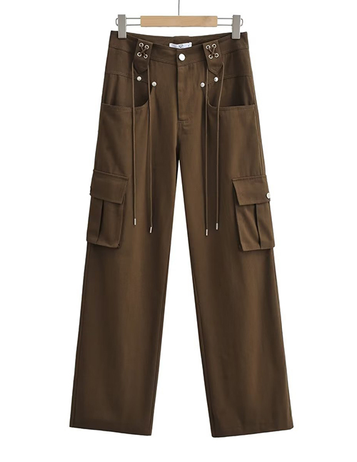 Fashion Brown Three-dimensional Drawstring Cargo Straight-leg Pants