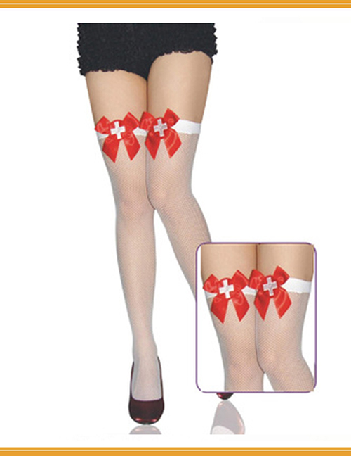 Fashion Big Red Bow Halloween Print Stockings