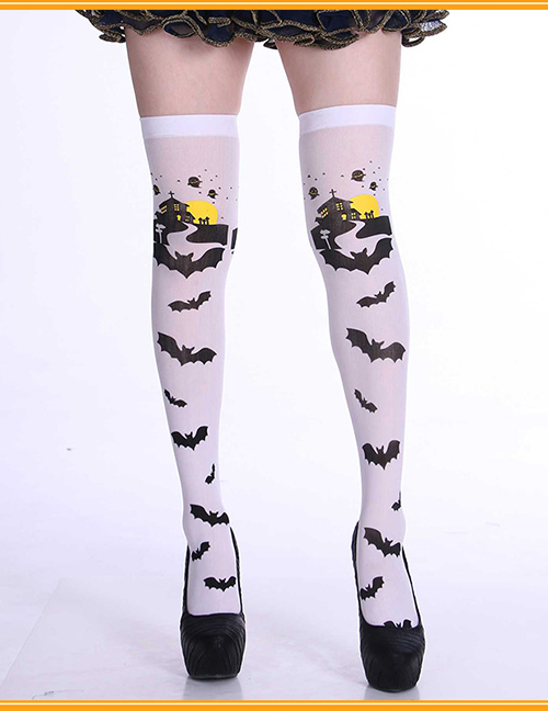 Fashion Bat Socks White Halloween Print Stockings