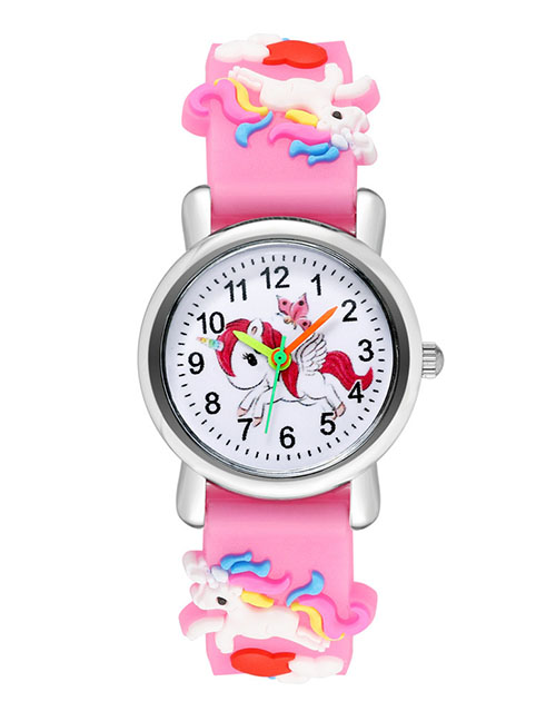 Fashion Dark Pink Plastic Cartoon Unicorn Round Dial Watch