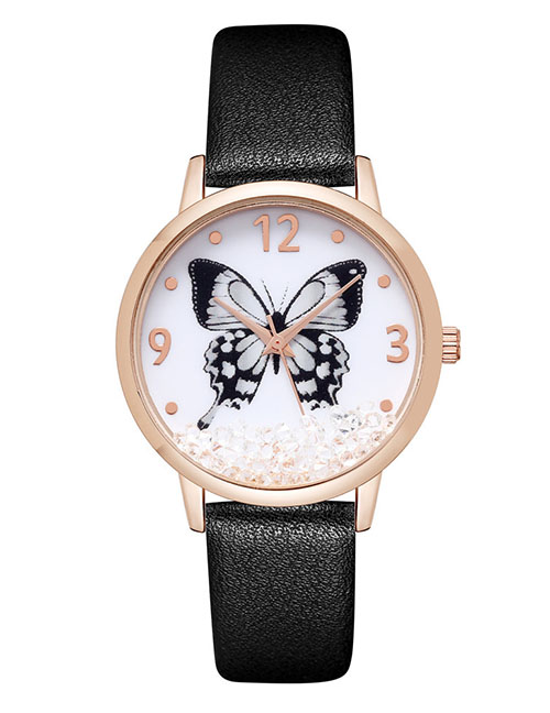 Fashion Black Pu Butterfly Beads Round Dial Watch