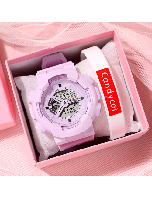 Fashion 929 Light Purple Pu Geometric Round Dial Watch