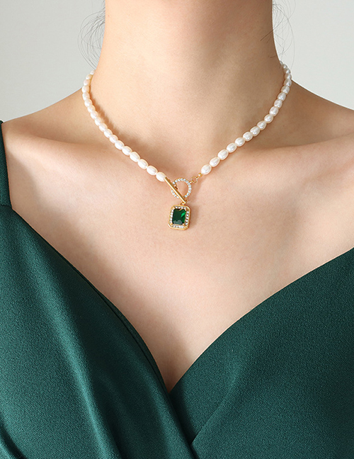 Fashion P1244-green Necklace-37cm Titanium Steel Pearl Beaded Square Zirconia Ot Buckle Necklace
