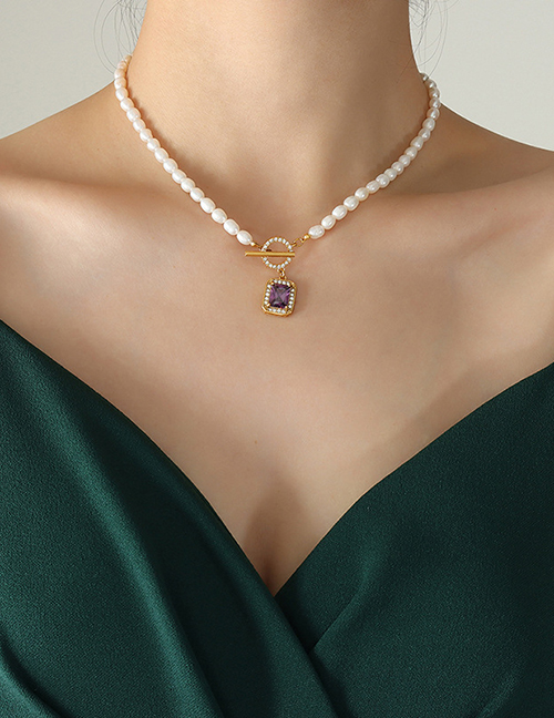 Fashion P1244-purple Necklace-37cm Titanium Steel Pearl Beaded Square Zirconia Ot Buckle Necklace