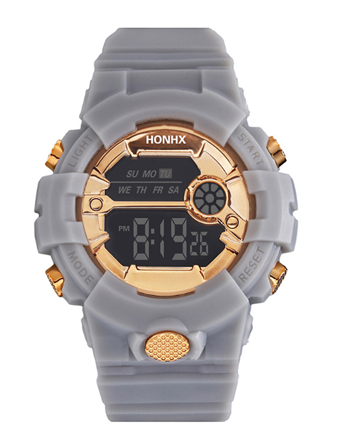 Fashion 591-99f Grey Gold Pu Geometric Round Dial Watch