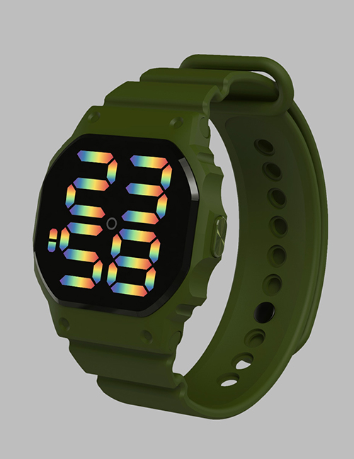 Fashion Army Green Pu Geometric Round Dial Watch