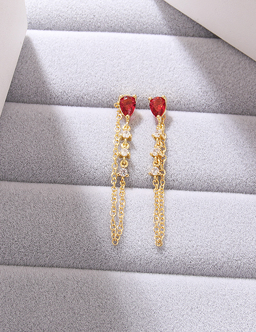Fashion Red Micro -inlaid Water Droplet -shaped Earrings Copper Inlaid Water Droplet Chain Chain Strub