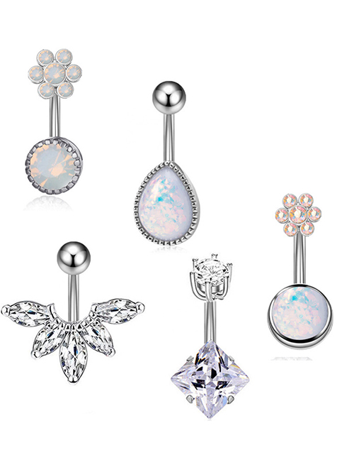 Fashion 5-piece Set (5 Sets) Titanium Steel Inlaid Opal Diamond Geometric Piercing Navel Nail