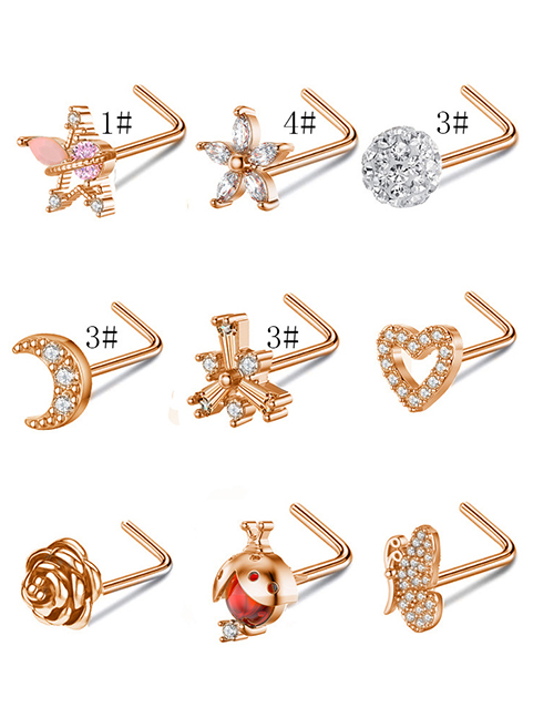 Fashion Rose Gold Suit (2 Sets) Stainless Steel Piercing Pentagram Flower Moon Love Butterfly Piercing Stud Earrings