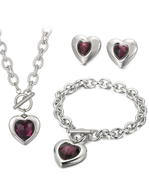 Fashion Fuchsia-silver Titanium Steel Heart Crystal Necklace Bracelet Stud Earrings Set