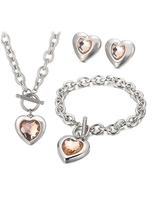 Fashion Champagne-silver Titanium Steel Heart Crystal Necklace Bracelet Stud Earrings Set