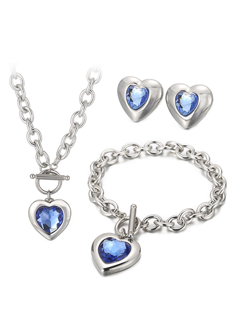 Fashion Blue-silver Titanium Steel Heart Crystal Necklace Bracelet Stud Earrings Set