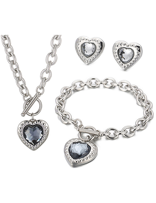 Fashion Grey-silver-2 Titanium Steel Heart Crystal Necklace Bracelet Stud Earrings Set