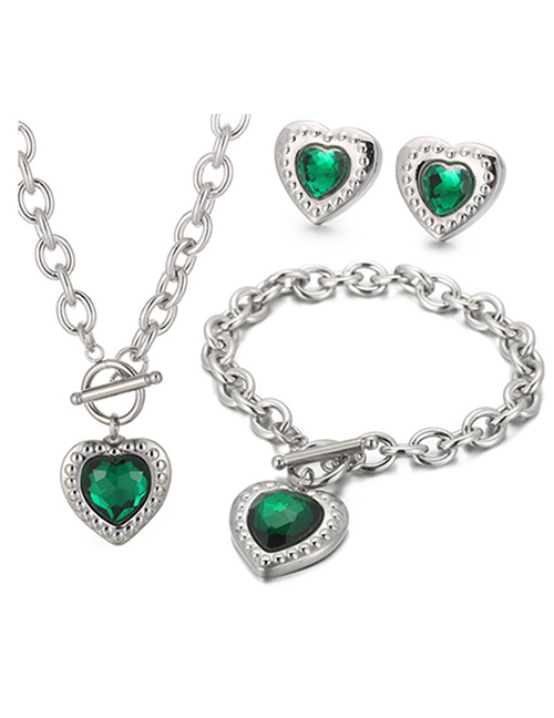 Fashion Green-silver-2 Titanium Steel Heart Crystal Necklace Bracelet Stud Earrings Set