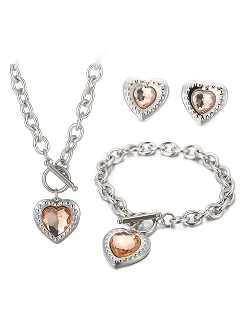Fashion Champagne-silver-2 Titanium Steel Heart Crystal Necklace Bracelet Stud Earrings Set