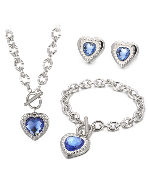Fashion Blue-silver-2 Titanium Steel Heart Crystal Necklace Bracelet Stud Earrings Set