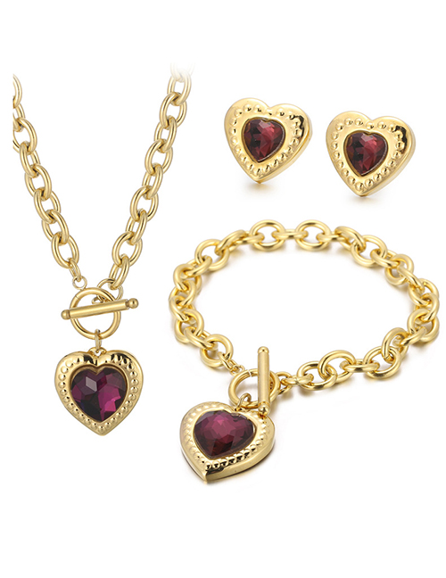Fashion Fuchsia-gold-2 Titanium Steel Heart Crystal Necklace Bracelet Stud Earrings Set